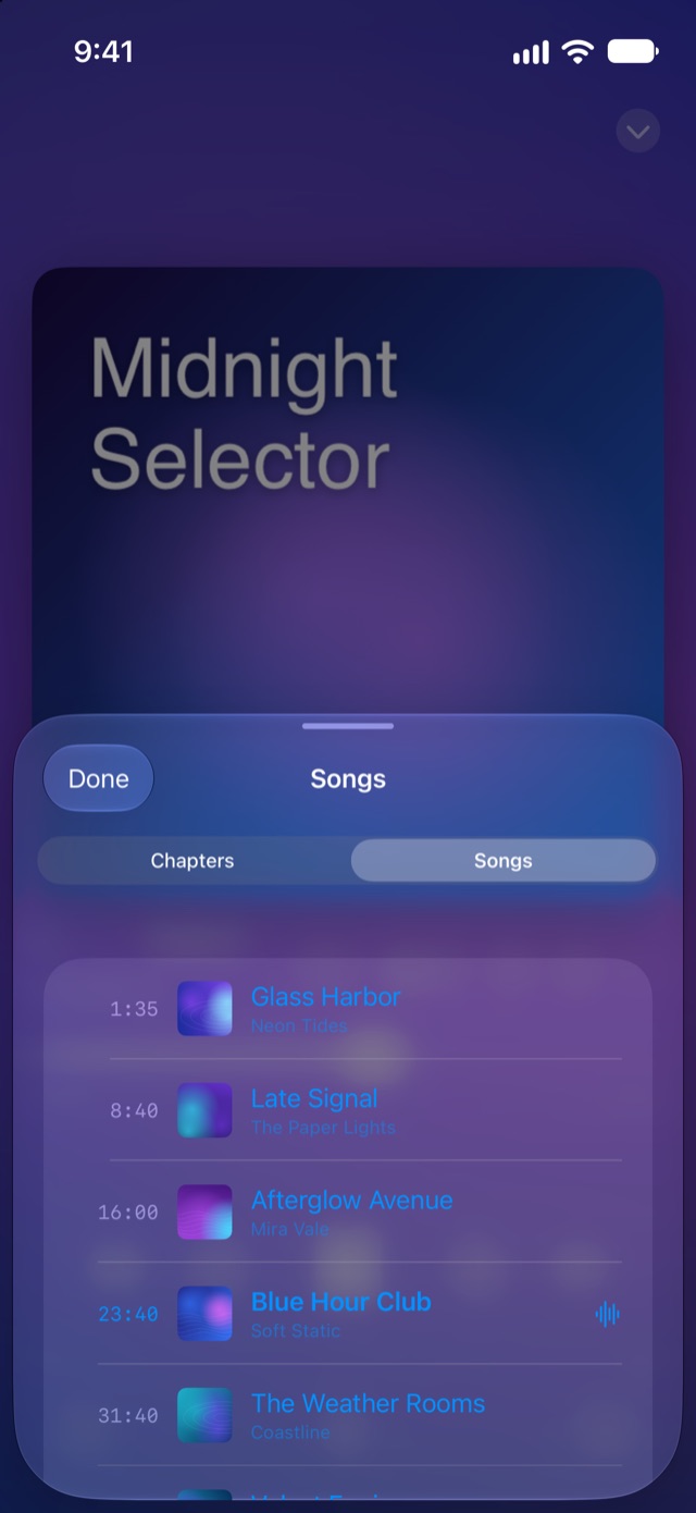 The songs found inside a podcast episode in Macdio on iPhone